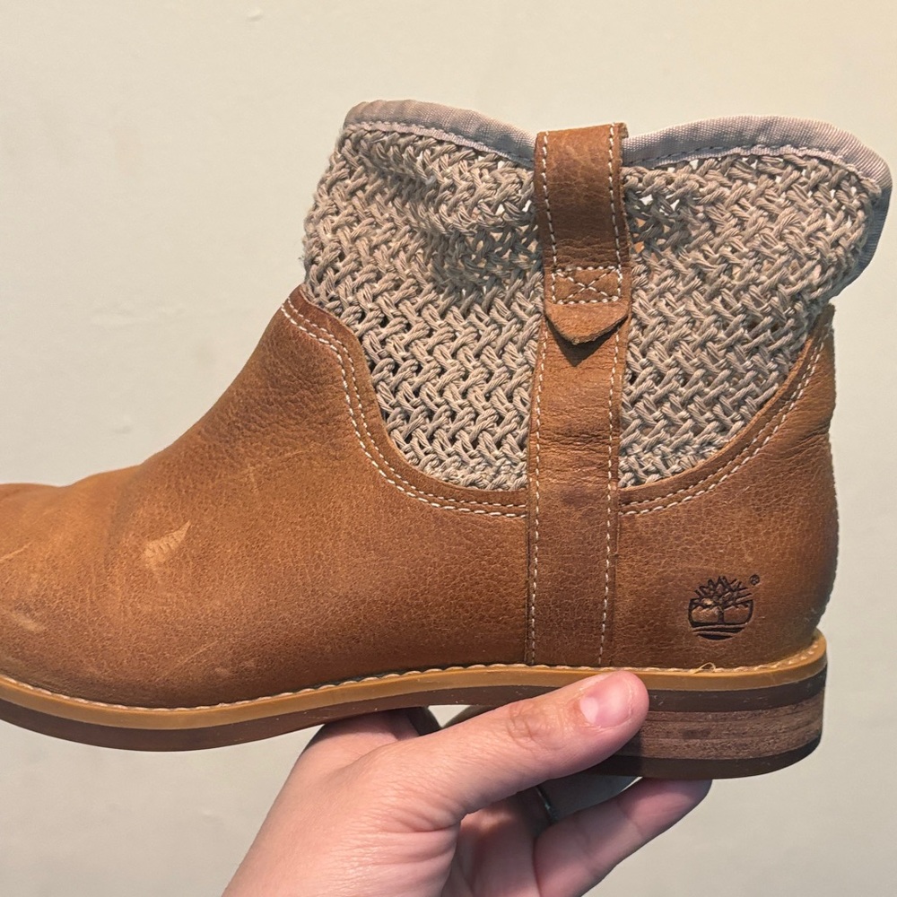 Timberland Women's Tan Leather Ankle Boots with Knit Cuff - Picture 3 of 9